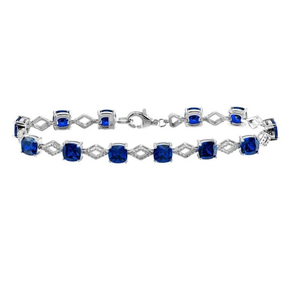 Sterling Silver 925 Rhodium Plated Blue CZ Link Bracelet 7.25 inches